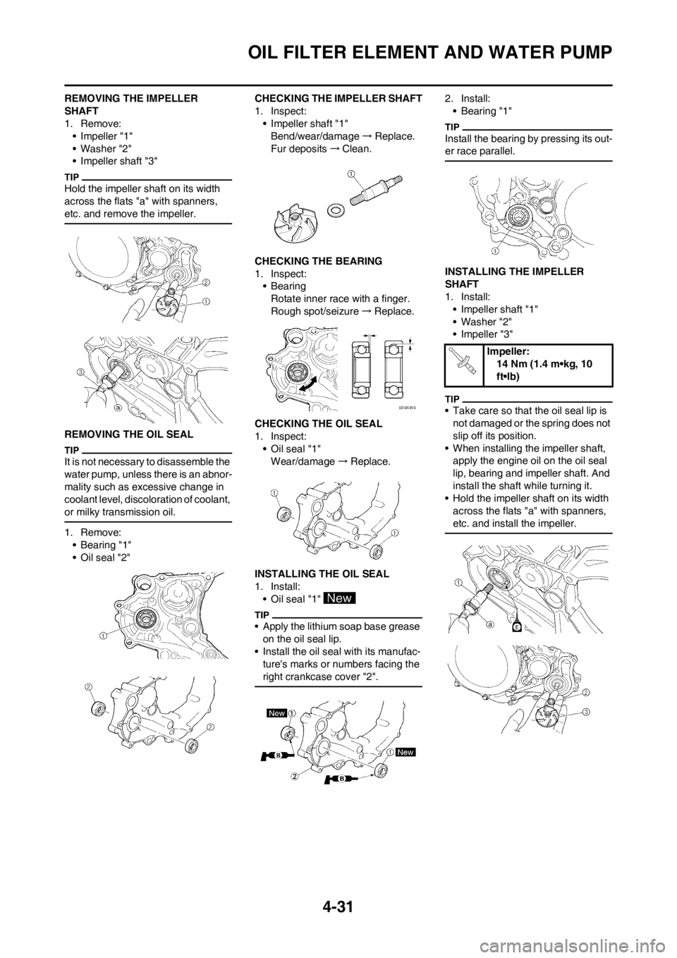 YAMAHA YZ450F 2013 Owners Manual 4-31
OIL FILTER ELEMENT AND WATER PUMP
REMOVING THE IMPELLER
SHAFT
1. Remove:
• Impeller "1"
• Washer "2"
• Impeller shaft "3"
Hold the impeller shaft on its width
across the flats "a" with sp YAMAHA YZ450F 2013 Owners Manual 4-31
OIL FILTER ELEMENT AND WATER PUMP
REMOVING THE IMPELLER
SHAFT
1. Remove:
• Impeller "1"
• Washer "2"
• Impeller shaft "3"
Hold the impeller shaft on its width
across the flats "a" with sp