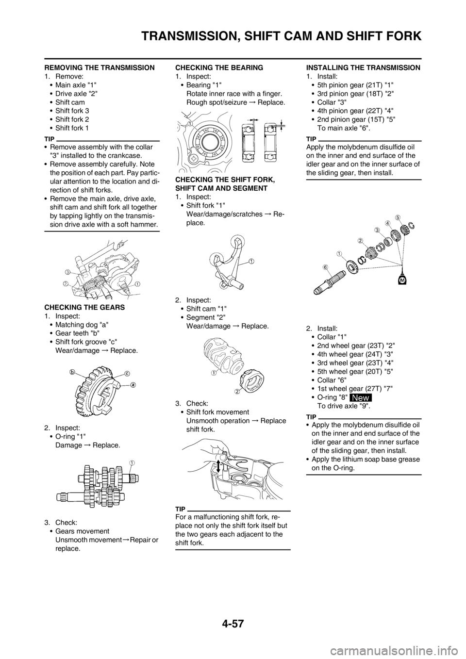 YAMAHA YZ450F 2013  Owners Manual 4-57
TRANSMISSION, SHIFT CAM AND SHIFT FORK
REMOVING THE TRANSMISSION
1. Remove:
• Main axle "1"
• Drive axle "2"
• Shift cam
• Shift fork 3
• Shift fork 2
• Shift fork 1
• Remove assemb