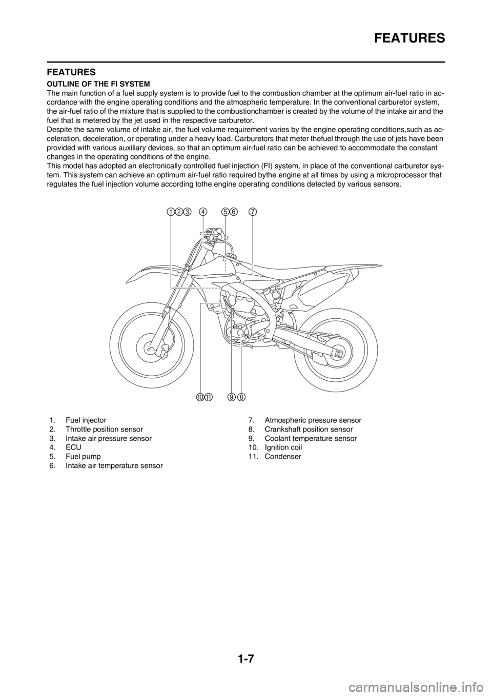 YAMAHA YZ450F 2013  Owners Manual 1-7
FEATURES
FEATURES
OUTLINE OF THE FI SYSTEM
The main function of a fuel supply system is to provide fuel to the combustion chamber at the optimum air-fuel ratio in ac-
cordance with the engine oper