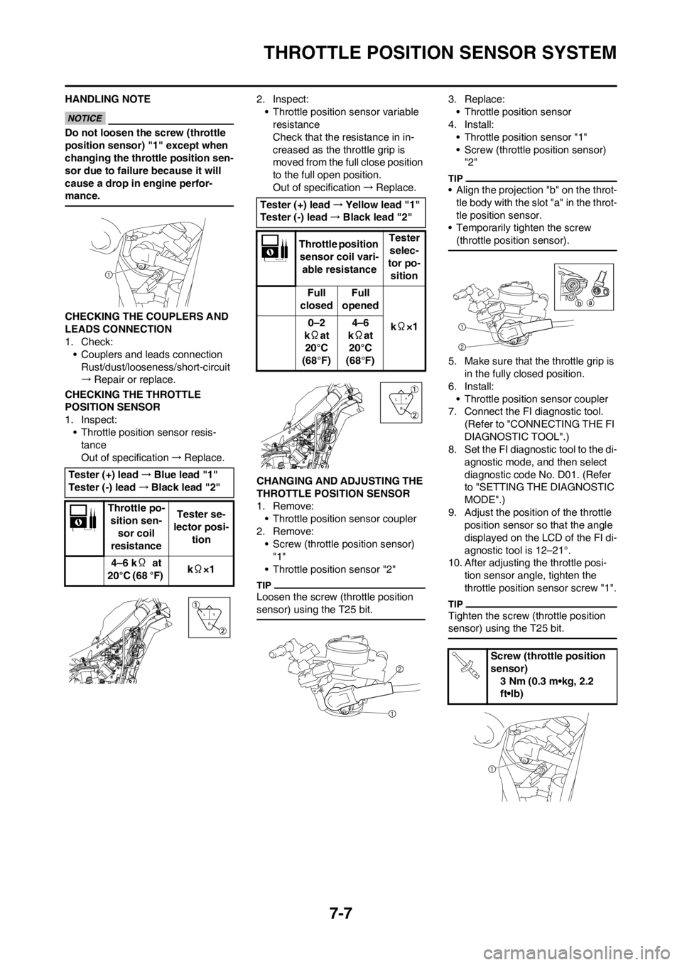 YAMAHA YZ450F 2013 Owners Manual 7-7
THROTTLE POSITION SENSOR SYSTEM
HANDLING NOTE
Do not loosen the screw (throttle
position sensor) "1" except when
changing the throttle position sen-
sor due to failure because it will
cause a d YAMAHA YZ450F 2013 Owners Manual 7-7
THROTTLE POSITION SENSOR SYSTEM
HANDLING NOTE
Do not loosen the screw (throttle
position sensor) "1" except when
changing the throttle position sen-
sor due to failure because it will
cause a d
