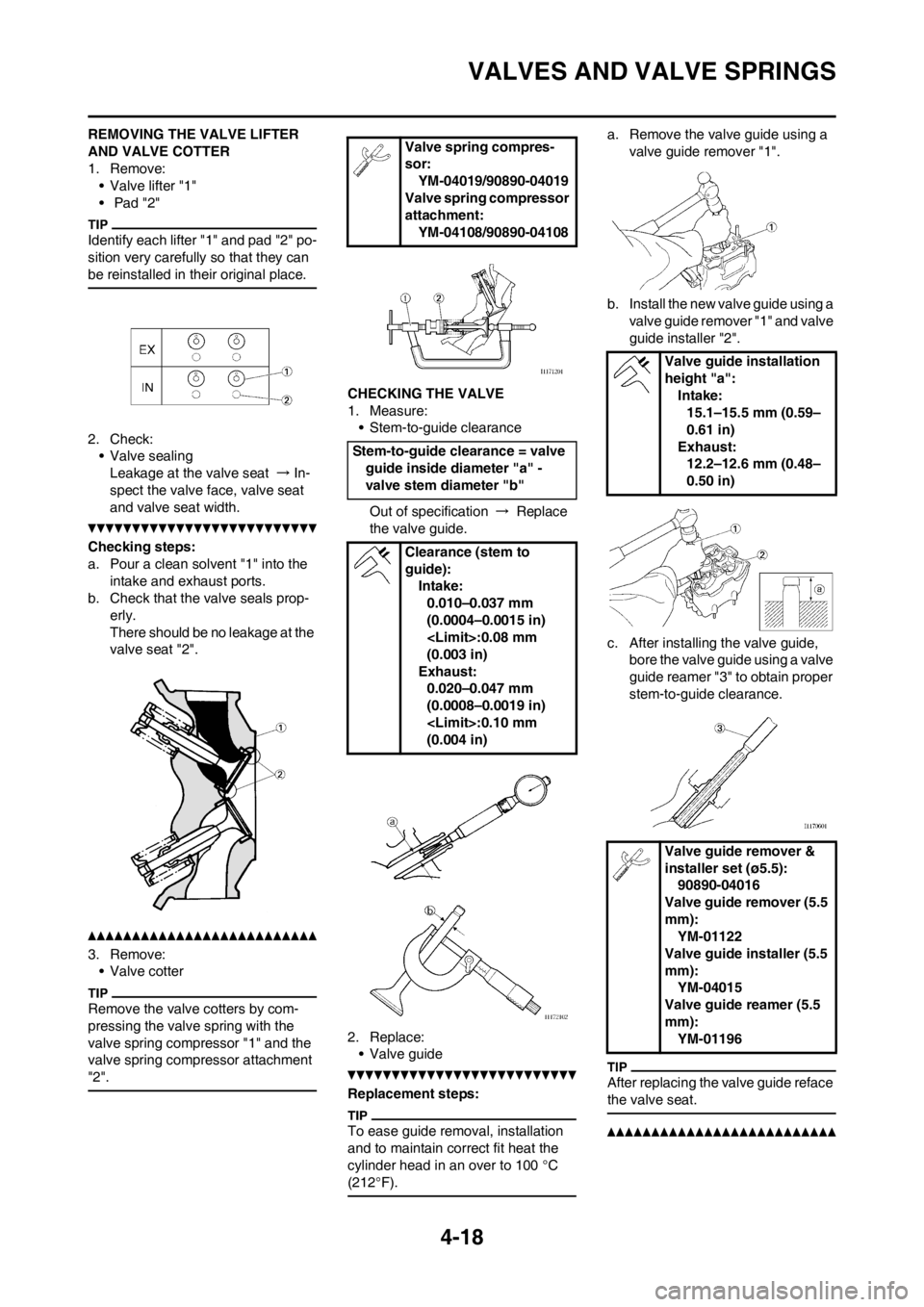 YAMAHA YZ450F 2013 Owners Manual 4-18
VALVES AND VALVE SPRINGS
REMOVING THE VALVE LIFTER
AND VALVE COTTER
1. Remove:
• Valve lifter "1"
• Pad "2"
Identify each lifter "1" and pad "2" po-
sition very carefully so that they can
YAMAHA YZ450F 2013 Owners Manual 4-18
VALVES AND VALVE SPRINGS
REMOVING THE VALVE LIFTER
AND VALVE COTTER
1. Remove:
• Valve lifter "1"
• Pad "2"
Identify each lifter "1" and pad "2" po-
sition very carefully so that they can
