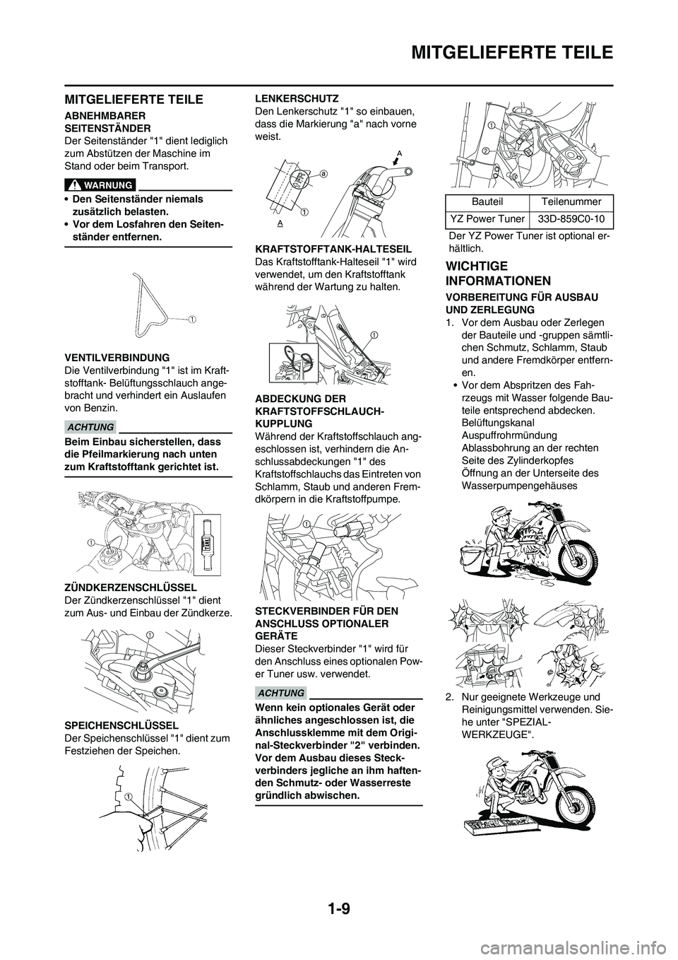 YAMAHA YZ450F 2013 Betriebsanleitungen (in German) 1-9
MITGELIEFERTE TEILE
MITGELIEFERTE TEILE
ABNEHMBARER
SEITENSTÄNDER
Der Seitenständer "1" dient lediglich
zum Abstützen der Maschine im
Stand oder beim Transport.
• Den Seitenständer niemal YAMAHA YZ450F 2013 Betriebsanleitungen (in German) 1-9
MITGELIEFERTE TEILE
MITGELIEFERTE TEILE
ABNEHMBARER
SEITENSTÄNDER
Der Seitenständer "1" dient lediglich
zum Abstützen der Maschine im
Stand oder beim Transport.
• Den Seitenständer niemal