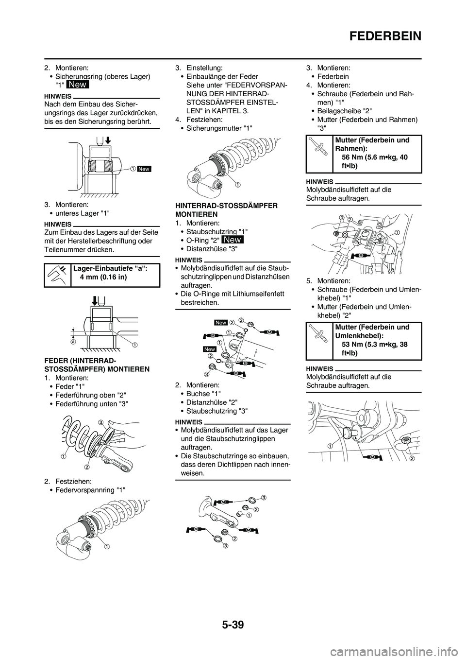 YAMAHA YZ450F 2013 Betriebsanleitungen (in German) 5-39
FEDERBEIN
2. Montieren:
• Sicherungsring (oberes Lager)
"1"
Nach dem Einbau des Sicher-
ungsrings das Lager zurückdrücken,
bis es den Sicherungsring berührt.
3. Montieren:
• unteres Lag YAMAHA YZ450F 2013 Betriebsanleitungen (in German) 5-39
FEDERBEIN
2. Montieren:
• Sicherungsring (oberes Lager)
"1"
Nach dem Einbau des Sicher-
ungsrings das Lager zurückdrücken,
bis es den Sicherungsring berührt.
3. Montieren:
• unteres Lag
