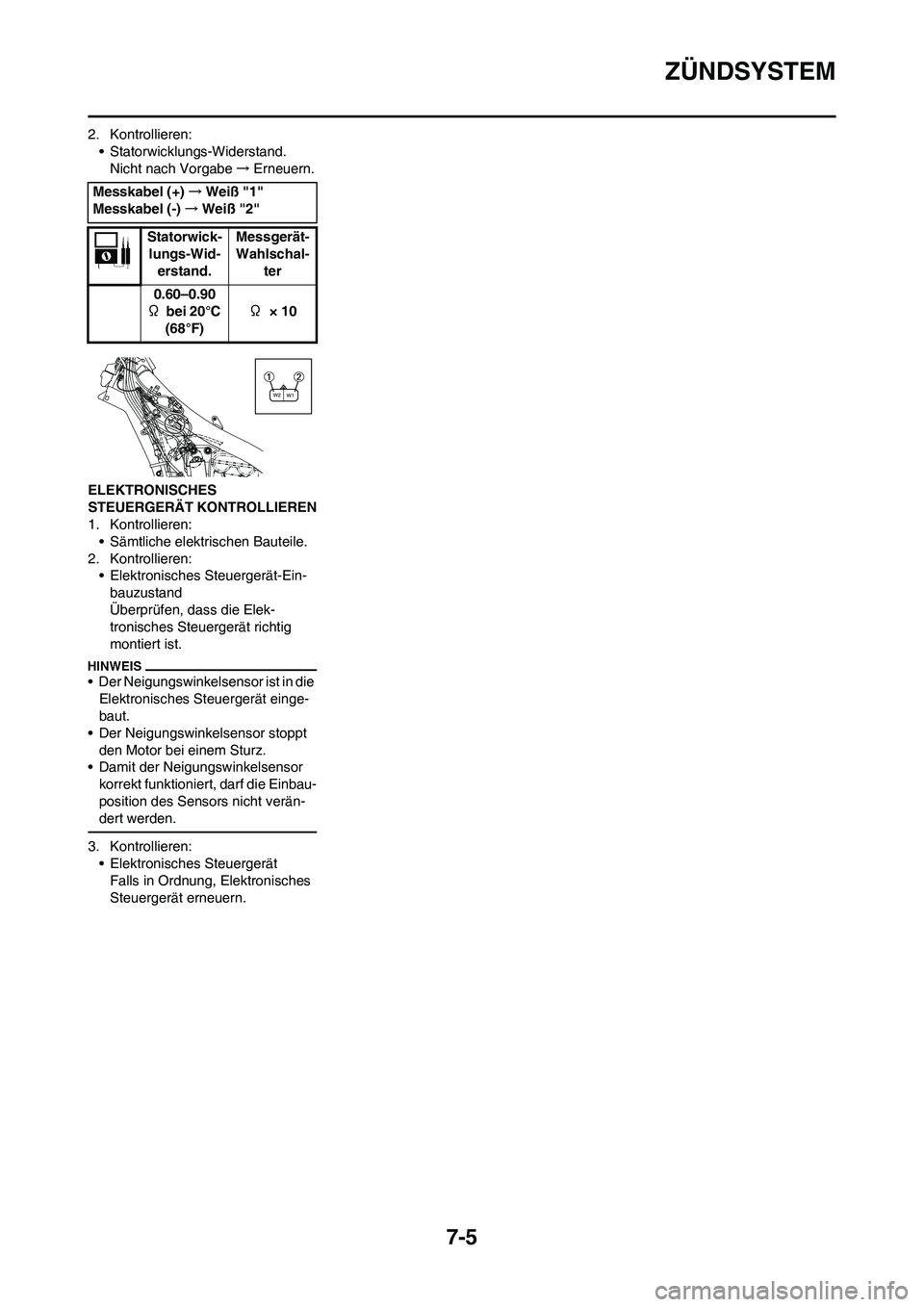 YAMAHA YZ450F 2013 Betriebsanleitungen (in German) 7-5
ZÜNDSYSTEM
2. Kontrollieren:
• Statorwicklungs-Widerstand.
Nicht nach Vorgabe→Erneuern.
ELEKTRONISCHES
STEUERGERÄT KONTROLLIEREN
1. Kontrollieren:
• Sämtliche elektrischen Bauteile.
2. K YAMAHA YZ450F 2013 Betriebsanleitungen (in German) 7-5
ZÜNDSYSTEM
2. Kontrollieren:
• Statorwicklungs-Widerstand.
Nicht nach Vorgabe→Erneuern.
ELEKTRONISCHES
STEUERGERÄT KONTROLLIEREN
1. Kontrollieren:
• Sämtliche elektrischen Bauteile.
2. K