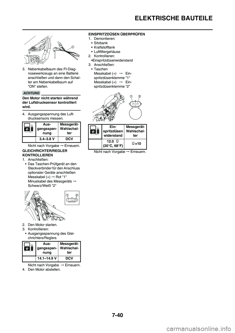 YAMAHA YZ450F 2013  Betriebsanleitungen (in German) 7-40
ELEKTRISCHE BAUTEILE
3. Nebenkabelbaum des FI-Diag-
nosewerkzeugs an eine Batterie 
anschließen und dann den Schal-
ter am Nebenkabelbaum auf 
"ON" stellen.
Den Motor nicht starten während 
der
