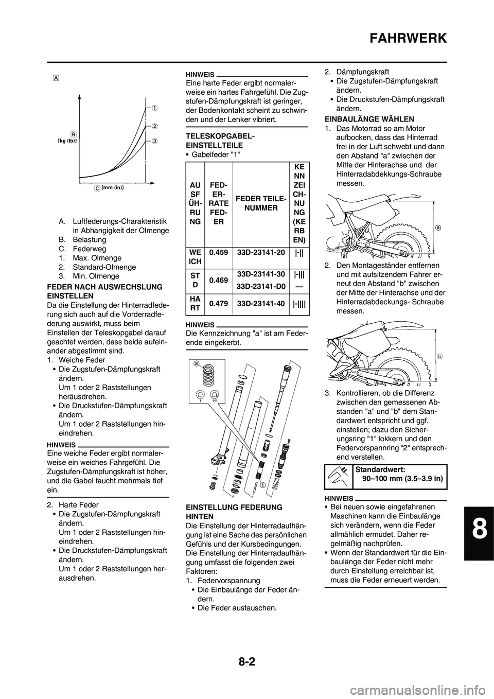YAMAHA YZ450F 2013  Betriebsanleitungen (in German) 8-2
FAHRWERK
A. Luftfederungs-Charakteristik 
in Abhangigkeit der Olmenge
B. Belastung
C. Federweg
1. Max. Olmenge
2. Standard-Olmenge
3. Min. Olmenge
FEDER NACH AUSWECHSLUNG 
EINSTELLEN
Da die Einste