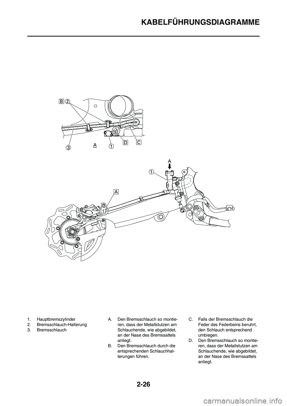 YAMAHA YZ450F 2013 Betriebsanleitungen (in German) 2-26
KABELFÜHRUNGSDIAGRAMME
1. Hauptbremszylinder
2. Bremsschlauch-Halterung
3. BremsschlauchA. Den Bremsschlauch so montie-
ren, dass der Metallstutzen am
Schlauchende, wie abgebildet,
an der Nase YAMAHA YZ450F 2013 Betriebsanleitungen (in German) 2-26
KABELFÜHRUNGSDIAGRAMME
1. Hauptbremszylinder
2. Bremsschlauch-Halterung
3. BremsschlauchA. Den Bremsschlauch so montie-
ren, dass der Metallstutzen am
Schlauchende, wie abgebildet,
an der Nase