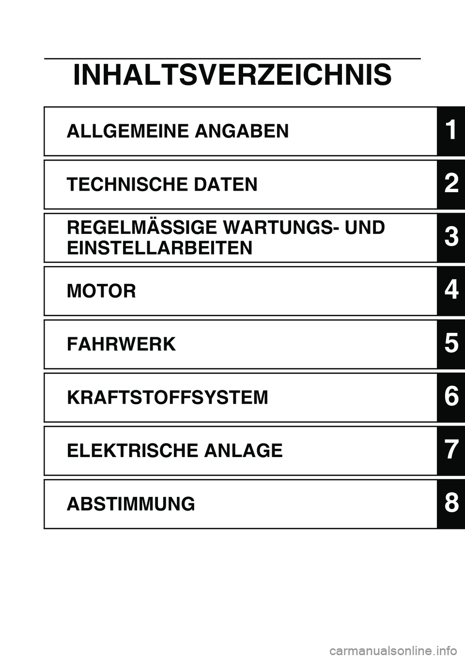 YAMAHA YZ450F 2013  Betriebsanleitungen (in German) INHALTSVERZEICHNIS
ALLGEMEINE ANGABEN1
TECHNISCHE DATEN2
REGELMÄSSIGE WARTUNGS- UND 
EINSTELLARBEITEN
3
MOTOR4
FAHRWERK5
KRAFTSTOFFSYSTEM6
ELEKTRISCHE ANLAGE7
ABSTIMMUNG8 