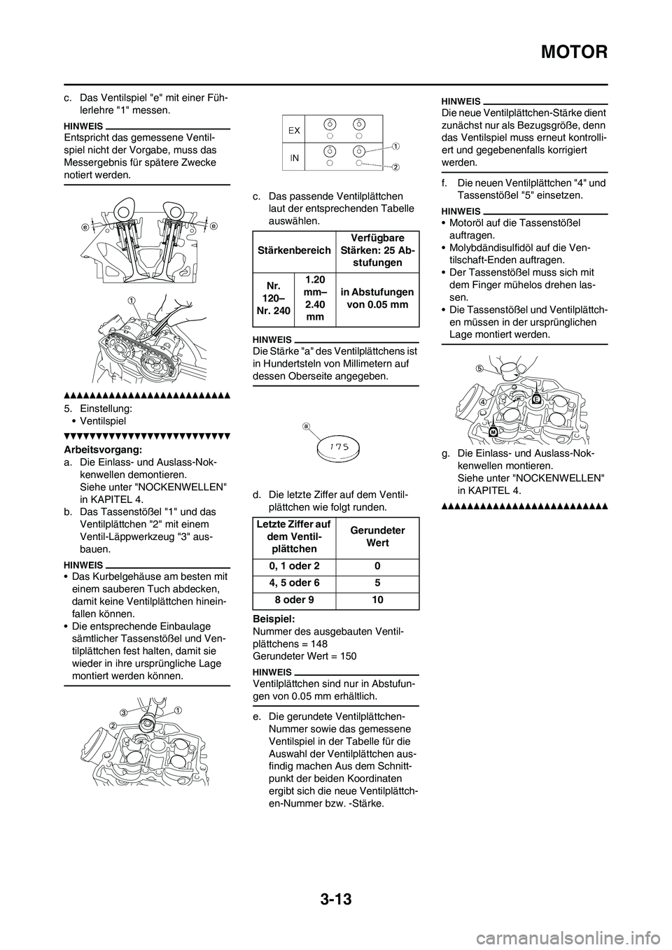 YAMAHA YZ450F 2013 Betriebsanleitungen (in German) 3-13
MOTOR
c. Das Ventilspiel "e" mit einer Füh-
lerlehre "1" messen.
Entspricht das gemessene Ventil-
spiel nicht der Vorgabe, muss das
Messergebnis für spätere Zwecke
notiert werden.
5. Einstel YAMAHA YZ450F 2013 Betriebsanleitungen (in German) 3-13
MOTOR
c. Das Ventilspiel "e" mit einer Füh-
lerlehre "1" messen.
Entspricht das gemessene Ventil-
spiel nicht der Vorgabe, muss das
Messergebnis für spätere Zwecke
notiert werden.
5. Einstel