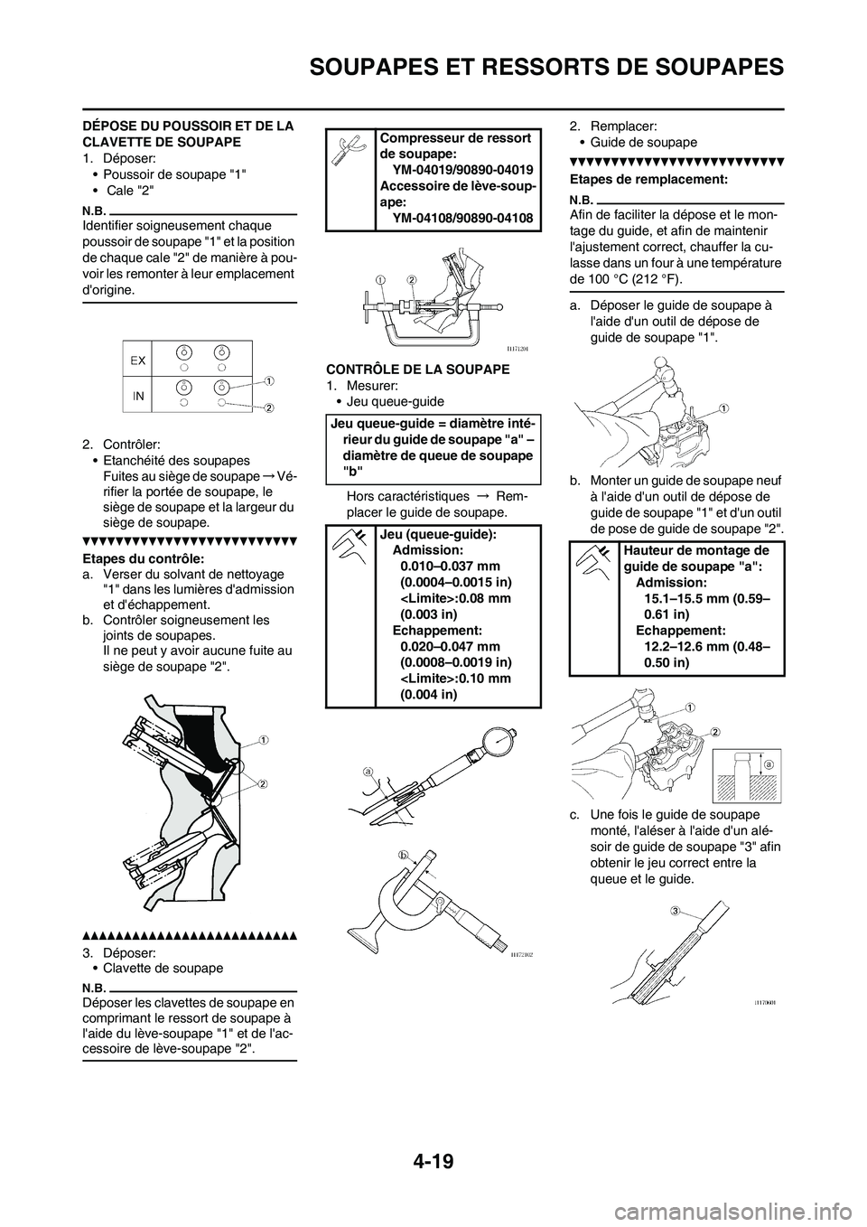 YAMAHA YZ450F 2013  Notices Demploi (in French) 4-19
SOUPAPES ET RESSORTS DE SOUPAPES
DÉPOSE DU POUSSOIR ET DE LA 
CLAVETTE DE SOUPAPE
1. Déposer:
• Poussoir de soupape "1"
•  Cale "2"
Identifier soigneusement chaque 
poussoir de soupape "1" 