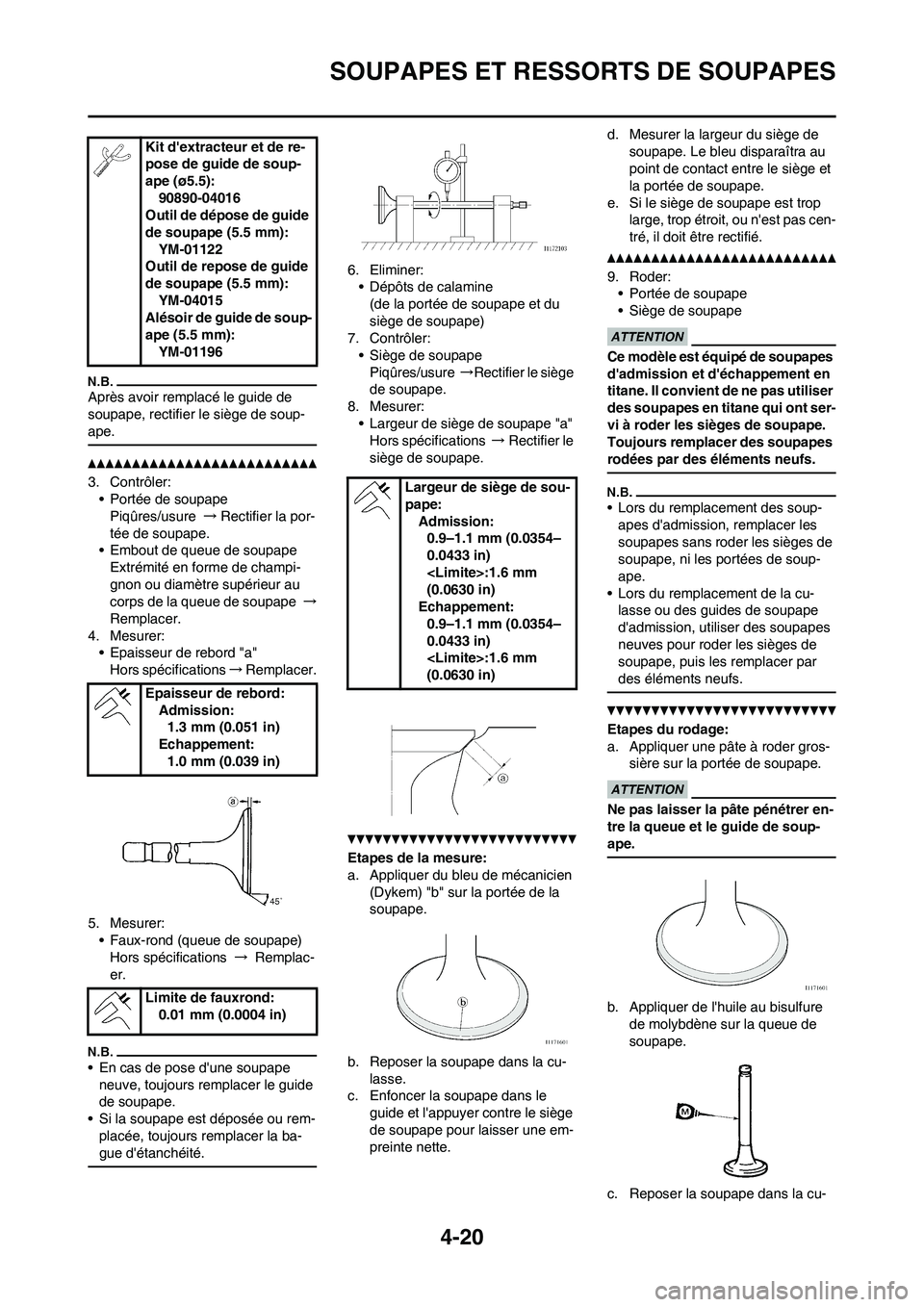 YAMAHA YZ450F 2013  Notices Demploi (in French) 4-20
SOUPAPES ET RESSORTS DE SOUPAPES
Après avoir remplacé le guide de 
soupape, rectifier le siège de soup-
ape.
3. Contrôler:
• Portée de soupape
Piqûres/usure →Rectifier la por-
tée de s