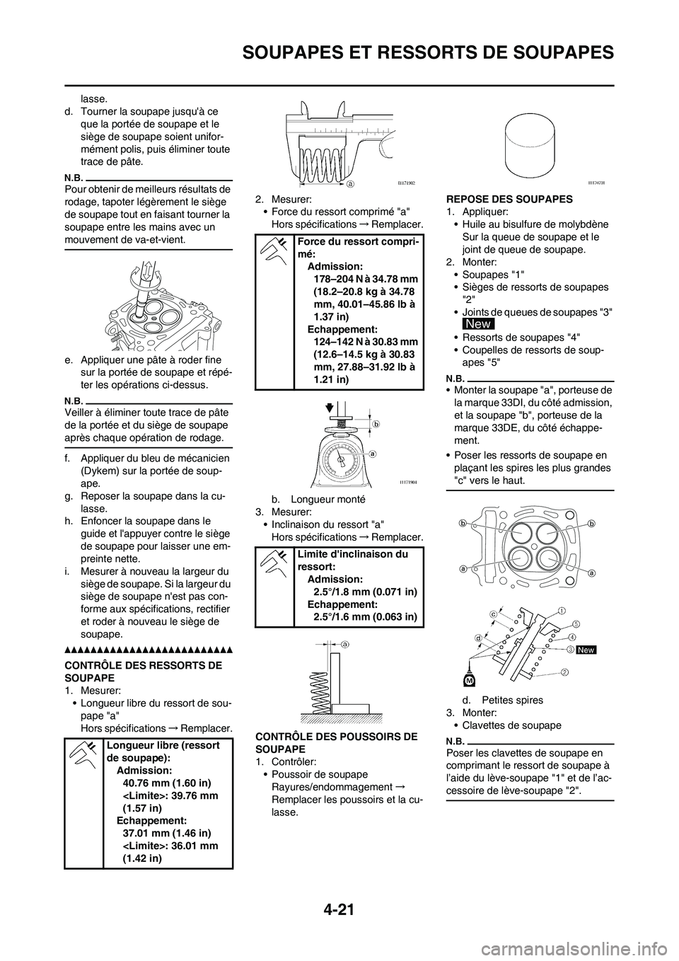 YAMAHA YZ450F 2013  Notices Demploi (in French) 4-21
SOUPAPES ET RESSORTS DE SOUPAPES
lasse.
d. Tourner la soupape jusquà ce 
que la portée de soupape et le 
siège de soupape soient unifor-
mément polis, puis éliminer toute 
trace de pâte.
P