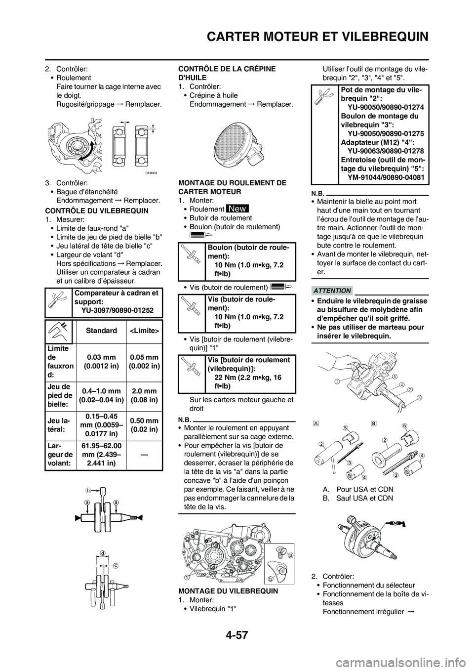 YAMAHA YZ450F 2013 Notices Demploi (in French) 4-57
CARTER MOTEUR ET VILEBREQUIN
2. Contrôler:
•Roulement
Faire tourner la cage interne avec
le doigt.
Rugosité/grippage→Remplacer.
3. Contrôler:
• Bague d’étanchéité
Endommagement→R YAMAHA YZ450F 2013 Notices Demploi (in French) 4-57
CARTER MOTEUR ET VILEBREQUIN
2. Contrôler:
•Roulement
Faire tourner la cage interne avec
le doigt.
Rugosité/grippage→Remplacer.
3. Contrôler:
• Bague d’étanchéité
Endommagement→R