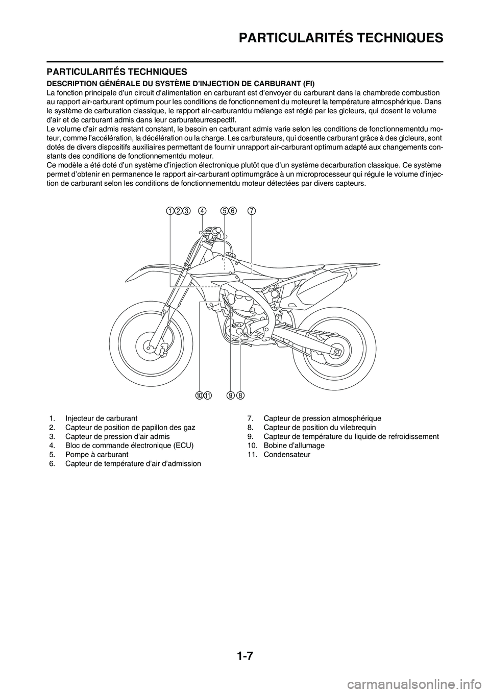 YAMAHA YZ450F 2013 Notices Demploi (in French) 1-7
PARTICULARITÉS TECHNIQUES
PARTICULARITÉS TECHNIQUES
DESCRIPTION GÉNÉRALE DU SYSTÈME D’INJECTION DE CARBURANT (FI)
La fonction principale d’un circuit d’alimentation en carburant est d†YAMAHA YZ450F 2013 Notices Demploi (in French) 1-7
PARTICULARITÉS TECHNIQUES
PARTICULARITÉS TECHNIQUES
DESCRIPTION GÉNÉRALE DU SYSTÈME D’INJECTION DE CARBURANT (FI)
La fonction principale d’un circuit d’alimentation en carburant est dâ€