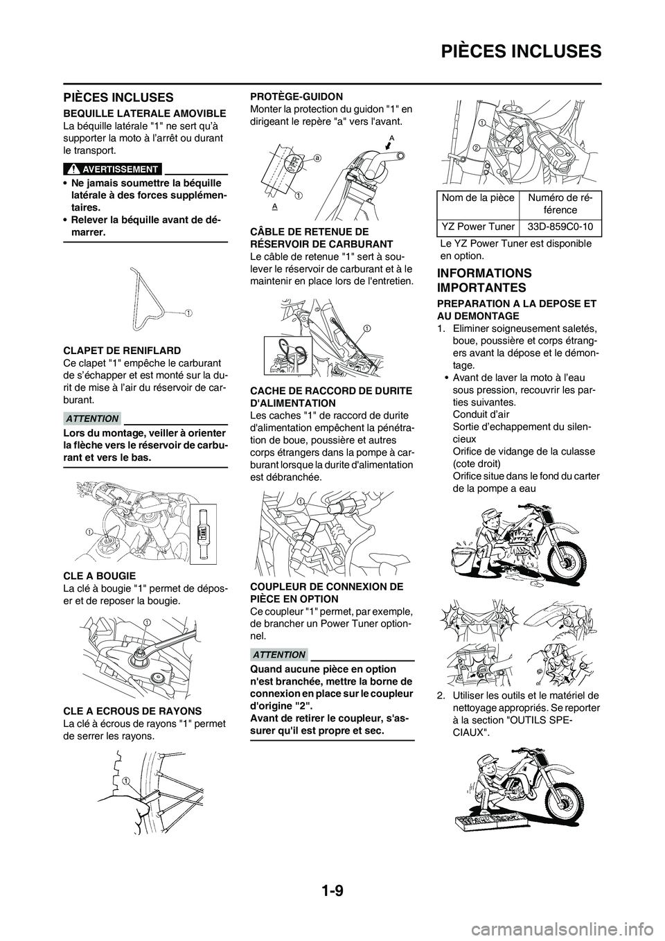 YAMAHA YZ450F 2013 Notices Demploi (in French) 1-9
PIÈCES INCLUSES
PIÈCES INCLUSES
BEQUILLE LATERALE AMOVIBLE
La béquille latérale "1" ne sert qu’Ã
supporter la moto à l’arrêt ou durant
le transport.
• Ne jamais soumettre la béquil YAMAHA YZ450F 2013 Notices Demploi (in French) 1-9
PIÈCES INCLUSES
PIÈCES INCLUSES
BEQUILLE LATERALE AMOVIBLE
La béquille latérale "1" ne sert qu’Ã
supporter la moto à l’arrêt ou durant
le transport.
• Ne jamais soumettre la béquil