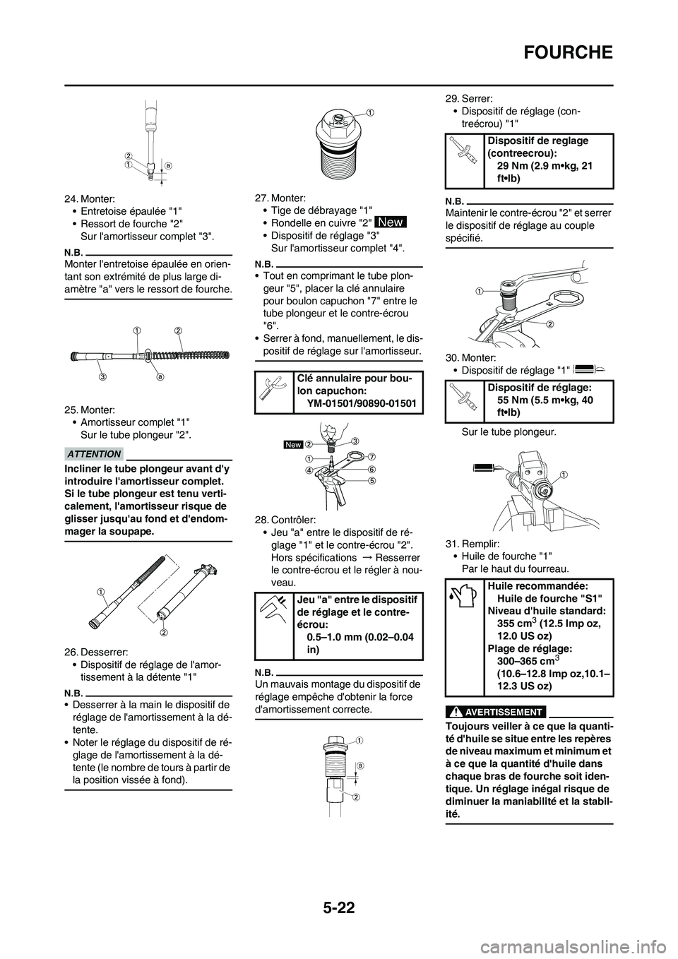 YAMAHA YZ450F 2013  Notices Demploi (in French) 5-22
FOURCHE
24. Monter:
• Entretoise épaulée "1"
• Ressort de fourche "2"
Sur lamortisseur complet "3".
Monter lentretoise épaulée en orien-
tant son extrémité de plus large di-
amètre "