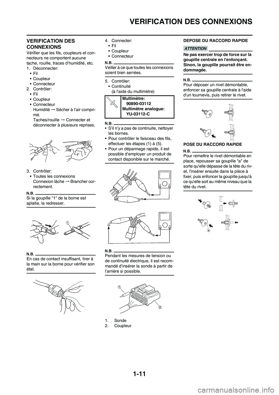 YAMAHA YZ450F 2013 Notices Demploi (in French) 1-11
VERIFICATION DES CONNEXIONS
VERIFICATION DES
CONNEXIONS
Vérifier que les fils, coupleurs et con-
necteurs ne comportent aucune
tache, rouille, traces d’humidité, etc.
1. Déconnecter:
•Fi YAMAHA YZ450F 2013 Notices Demploi (in French) 1-11
VERIFICATION DES CONNEXIONS
VERIFICATION DES
CONNEXIONS
Vérifier que les fils, coupleurs et con-
necteurs ne comportent aucune
tache, rouille, traces d’humidité, etc.
1. Déconnecter:
•Fi