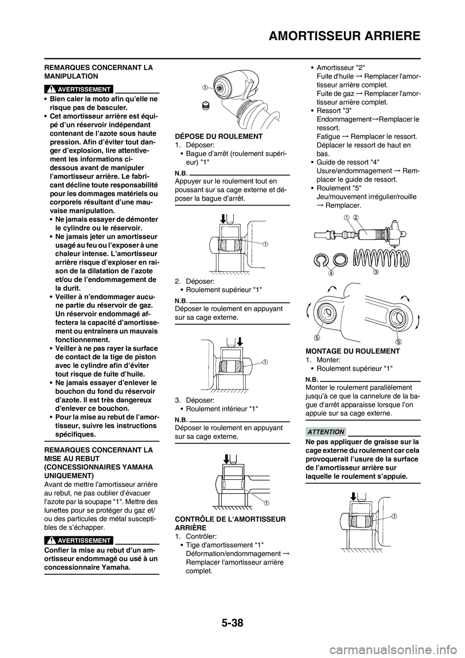 YAMAHA YZ450F 2013 Notices Demploi (in French) 5-38
AMORTISSEUR ARRIERE
REMARQUES CONCERNANT LA
MANIPULATION
• Bien caler la moto afin qu’elle ne
risque pas de basculer.
• Cet amortisseur arrière est équi-
pé d’un réservoir indépend YAMAHA YZ450F 2013 Notices Demploi (in French) 5-38
AMORTISSEUR ARRIERE
REMARQUES CONCERNANT LA
MANIPULATION
• Bien caler la moto afin qu’elle ne
risque pas de basculer.
• Cet amortisseur arrière est équi-
pé d’un réservoir indépend