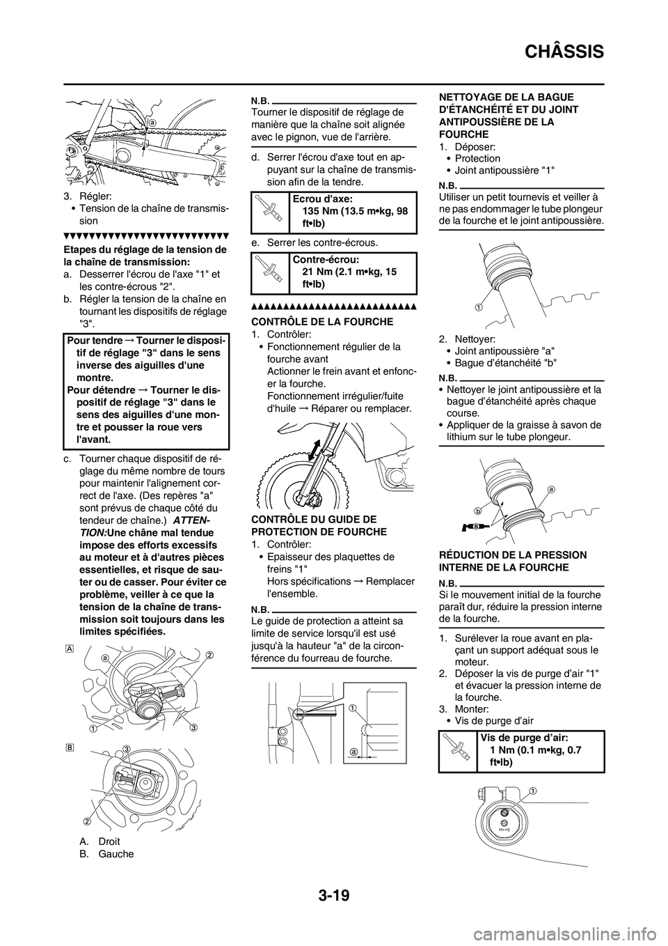 YAMAHA YZ450F 2013 Notices Demploi (in French) 3-19
CHÂSSIS
3. Régler:
• Tension de la chaîne de transmis-
sion
Etapes du réglage de la tension de
la chaîne de transmission:
a. Desserrer lécrou de laxe "1" et
les contre-écrous "2".
b. YAMAHA YZ450F 2013 Notices Demploi (in French) 3-19
CHÂSSIS
3. Régler:
• Tension de la chaîne de transmis-
sion
Etapes du réglage de la tension de
la chaîne de transmission:
a. Desserrer lécrou de laxe "1" et
les contre-écrous "2".
b.