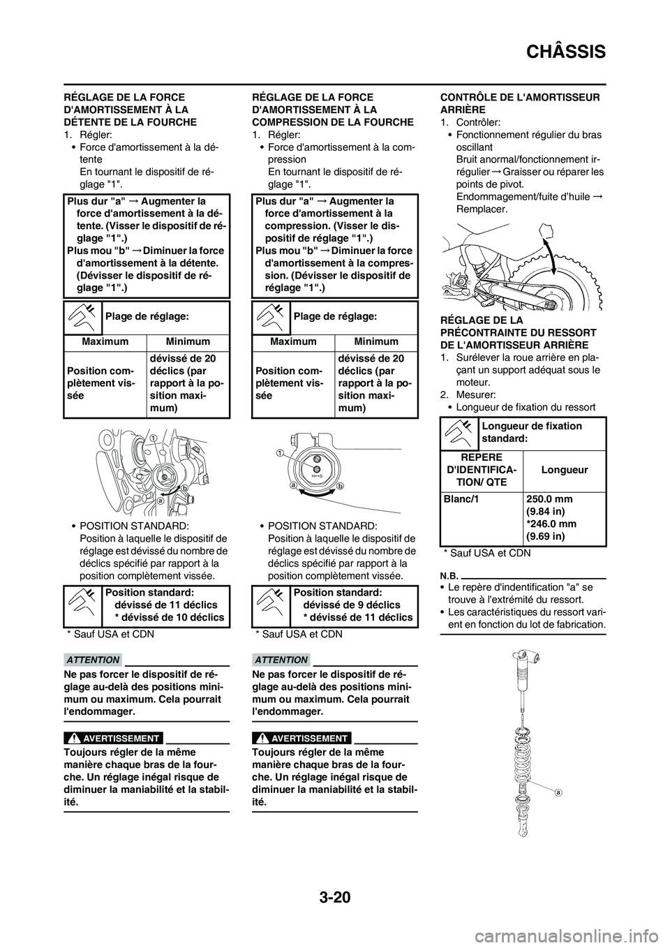 YAMAHA YZ450F 2013 Notices Demploi (in French) 3-20
CHÂSSIS
RÉGLAGE DE LA FORCE
DAMORTISSEMENT À LA
DÉTENTE DE LA FOURCHE
1. Régler:
• Force damortissement à la dé-
tente
En tournant le dispositif de ré-
glage "1".
• POSITION STAND YAMAHA YZ450F 2013 Notices Demploi (in French) 3-20
CHÂSSIS
RÉGLAGE DE LA FORCE
DAMORTISSEMENT À LA
DÉTENTE DE LA FOURCHE
1. Régler:
• Force damortissement à la dé-
tente
En tournant le dispositif de ré-
glage "1".
• POSITION STAND