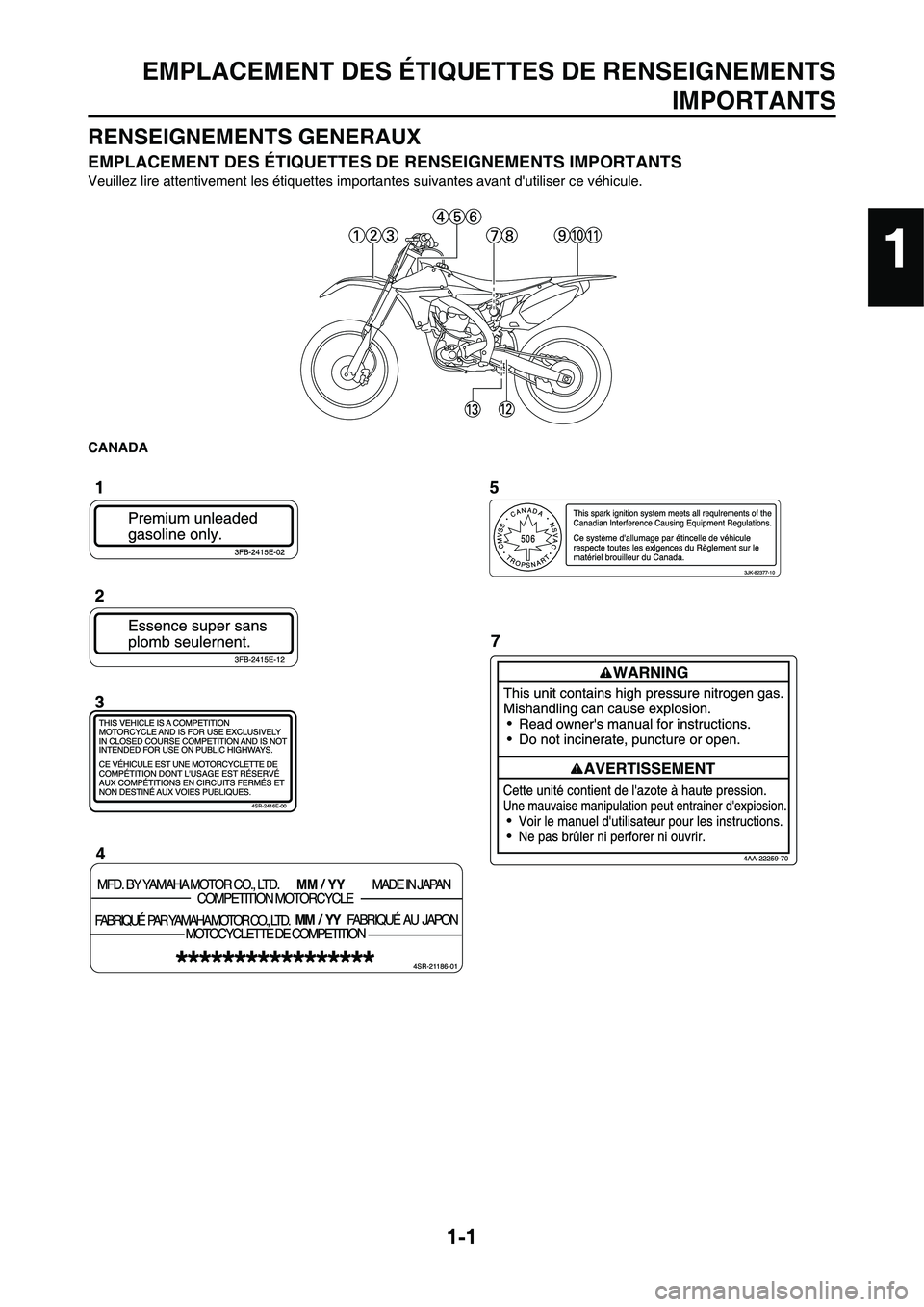 YAMAHA YZ450F 2013  Notices Demploi (in French) 1-1
EMPLACEMENT DES ÉTIQUETTES DE RENSEIGNEMENTS
IMPORTANTS
RENSEIGNEMENTS GENERAUX
EMPLACEMENT DES ÉTIQUETTES DE RENSEIGNEMENTS IMPORTANTS
Veuillez lire attentivement les étiquettes importantes su