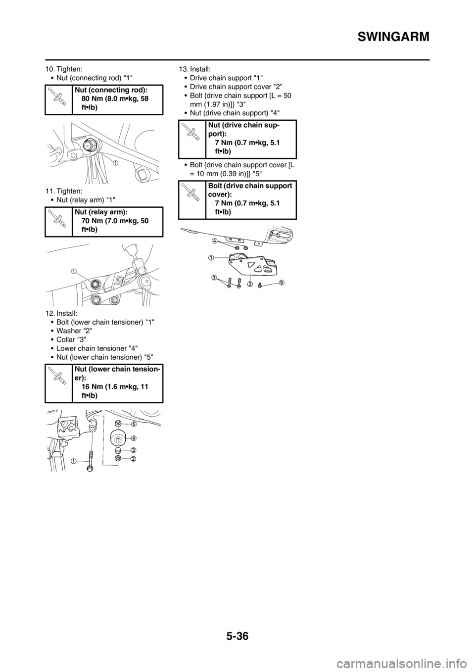 YAMAHA YZ450F 2012 Owners Manual 5-36
SWINGARM
10. Tighten:
• Nut (connecting rod) "1"
11. Tighten:
• Nut (relay arm) "1"
12. Install:
• Bolt (lower chain tensioner) "1"
• Washer "2"
•Collar "3"
• Lower chain tensioner "4 YAMAHA YZ450F 2012 Owners Manual 5-36
SWINGARM
10. Tighten:
• Nut (connecting rod) "1"
11. Tighten:
• Nut (relay arm) "1"
12. Install:
• Bolt (lower chain tensioner) "1"
• Washer "2"
•Collar "3"
• Lower chain tensioner "4
