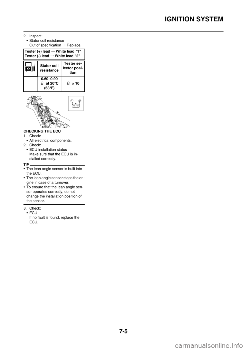 YAMAHA YZ450F 2012 User Guide 7-5
IGNITION SYSTEM
2. Inspect:
• Stator coil resistance
Out of specification→Replace.
CHECKING THE ECU
1. Check:
• All electrical components.
2. Check:
• ECU installation status
Make sure tha