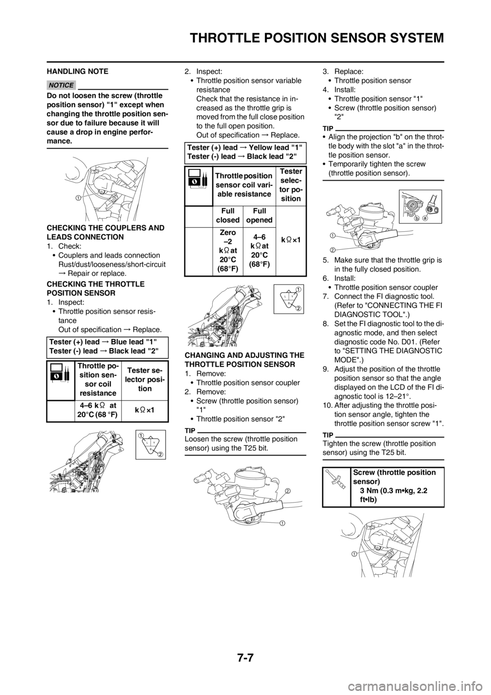 YAMAHA YZ450F 2012 Owners Guide 7-7
THROTTLE POSITION SENSOR SYSTEM
HANDLING NOTE
Do not loosen the screw (throttle
position sensor) "1" except when
changing the throttle position sen-
sor due to failure because it will
cause a d YAMAHA YZ450F 2012 Owners Guide 7-7
THROTTLE POSITION SENSOR SYSTEM
HANDLING NOTE
Do not loosen the screw (throttle
position sensor) "1" except when
changing the throttle position sen-
sor due to failure because it will
cause a d