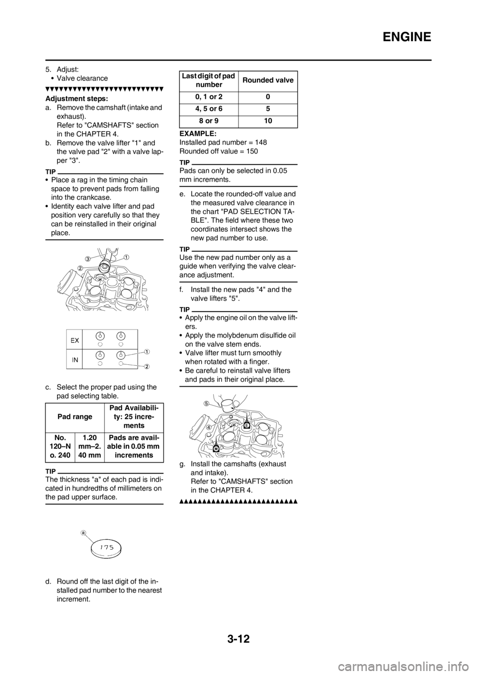 YAMAHA YZ450F 2012 Owners Guide 3-12
ENGINE
5. Adjust:
• Valve clearance
Adjustment steps:
a. Remove the camshaft (intake and 
exhaust).
Refer to "CAMSHAFTS" section 
in the CHAPTER 4.
b. Remove the valve lifter "1" and 
the valve