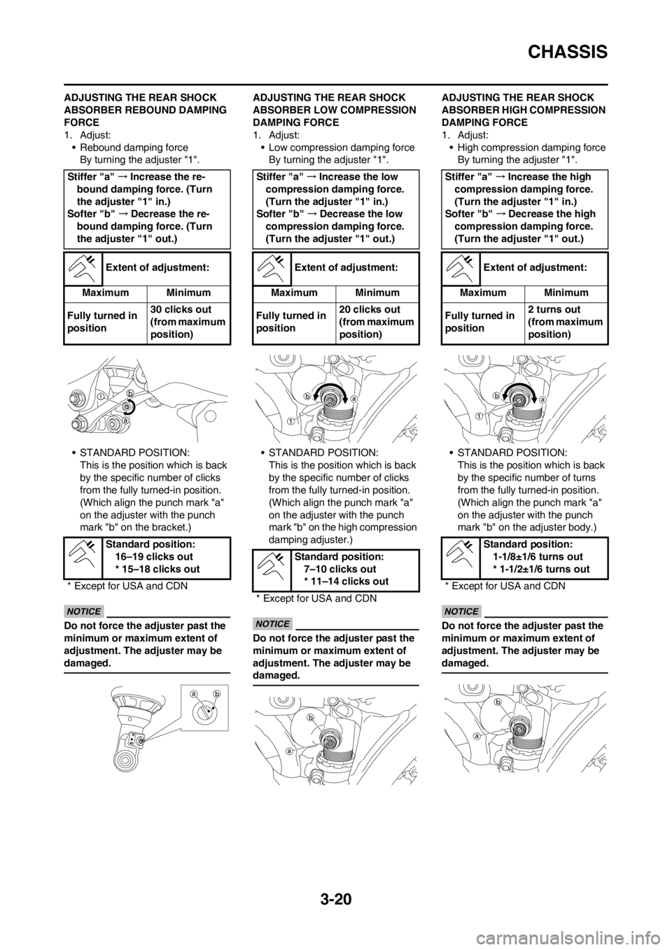 YAMAHA YZ450F 2012 Owners Manual 3-20
CHASSIS
ADJUSTING THE REAR SHOCK
ABSORBER REBOUND DAMPING
FORCE
1. Adjust:
• Rebound damping force
By turning the adjuster "1".
• STANDARD POSITION:
This is the position which is back
by t YAMAHA YZ450F 2012 Owners Manual 3-20
CHASSIS
ADJUSTING THE REAR SHOCK
ABSORBER REBOUND DAMPING
FORCE
1. Adjust:
• Rebound damping force
By turning the adjuster "1".
• STANDARD POSITION:
This is the position which is back
by t