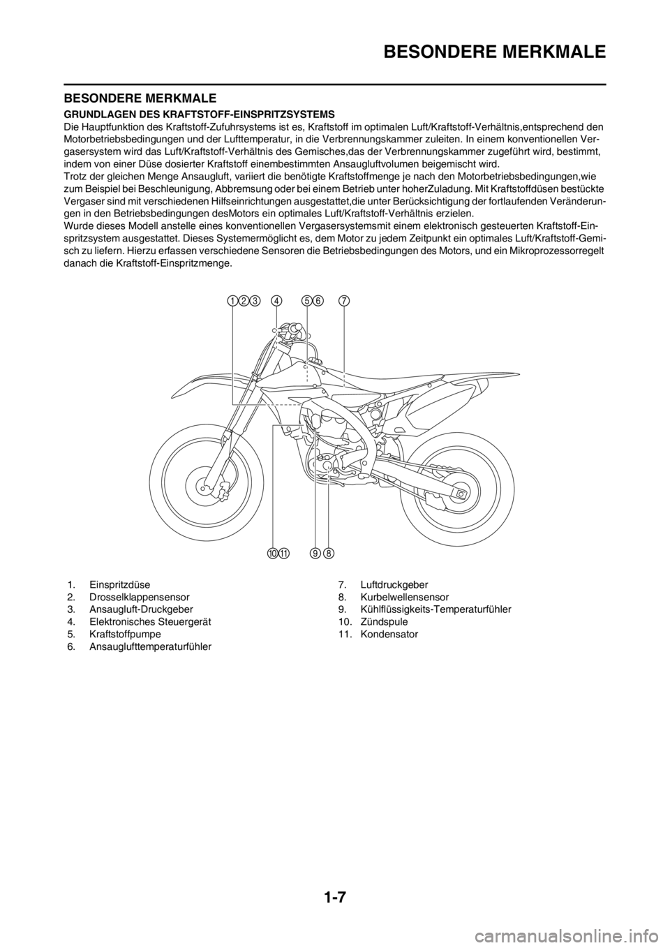 YAMAHA YZ450F 2012  Betriebsanleitungen (in German) 1-7
BESONDERE MERKMALE
BESONDERE MERKMALE
GRUNDLAGEN DES KRAFTSTOFF-EINSPRITZSYSTEMS
Die Hauptfunktion des Kraftstoff-Zufuhrsystems ist es, Kraftstoff im optimalen Luft/Kraftstoff-Verhältnis,entsprec