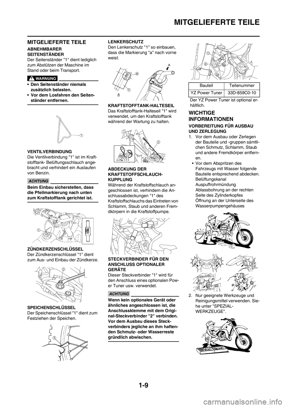 YAMAHA YZ450F 2012  Betriebsanleitungen (in German) 1-9
MITGELIEFERTE TEILE
MITGELIEFERTE TEILE
ABNEHMBARER 
SEITENSTÄNDER
Der Seitenständer "1" dient lediglich 
zum Abstützen der Maschine im 
Stand oder beim Transport.
• Den Seitenständer niemal