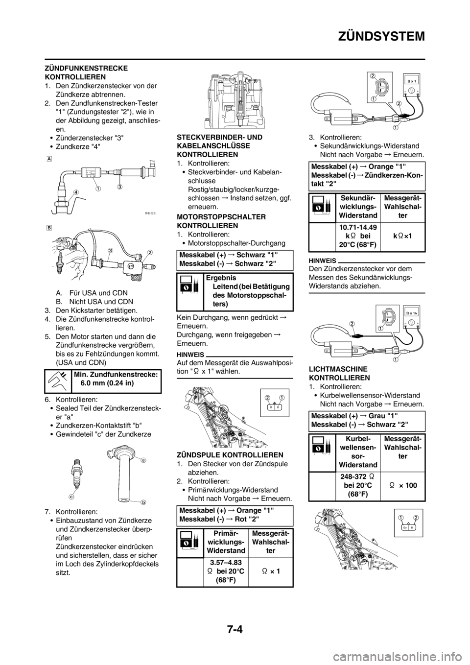 YAMAHA YZ450F 2012 Betriebsanleitungen (in German) 7-4
ZÜNDSYSTEM
ZÜNDFUNKENSTRECKE
KONTROLLIEREN
1. Den Zündkerzenstecker von der
Zündkerze abtrennen.
2. Den Zundfunkenstrecken-Tester
"1" (Zundungstester "2"), wie in
der Abbildung gezeigt, an YAMAHA YZ450F 2012 Betriebsanleitungen (in German) 7-4
ZÜNDSYSTEM
ZÜNDFUNKENSTRECKE
KONTROLLIEREN
1. Den Zündkerzenstecker von der
Zündkerze abtrennen.
2. Den Zundfunkenstrecken-Tester
"1" (Zundungstester "2"), wie in
der Abbildung gezeigt, an