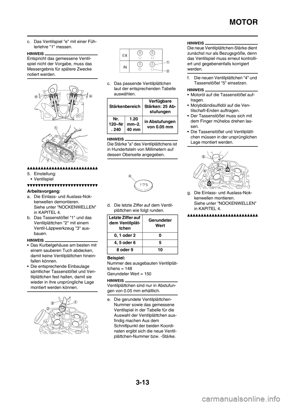 YAMAHA YZ450F 2012  Betriebsanleitungen (in German) 3-13
MOTOR
c. Das Ventilspiel "e" mit einer Füh-
lerlehre "1" messen.
Entspricht das gemessene Ventil-
spiel nicht der Vorgabe, muss das 
Messergebnis für spätere Zwecke 
notiert werden.
5. Einstel