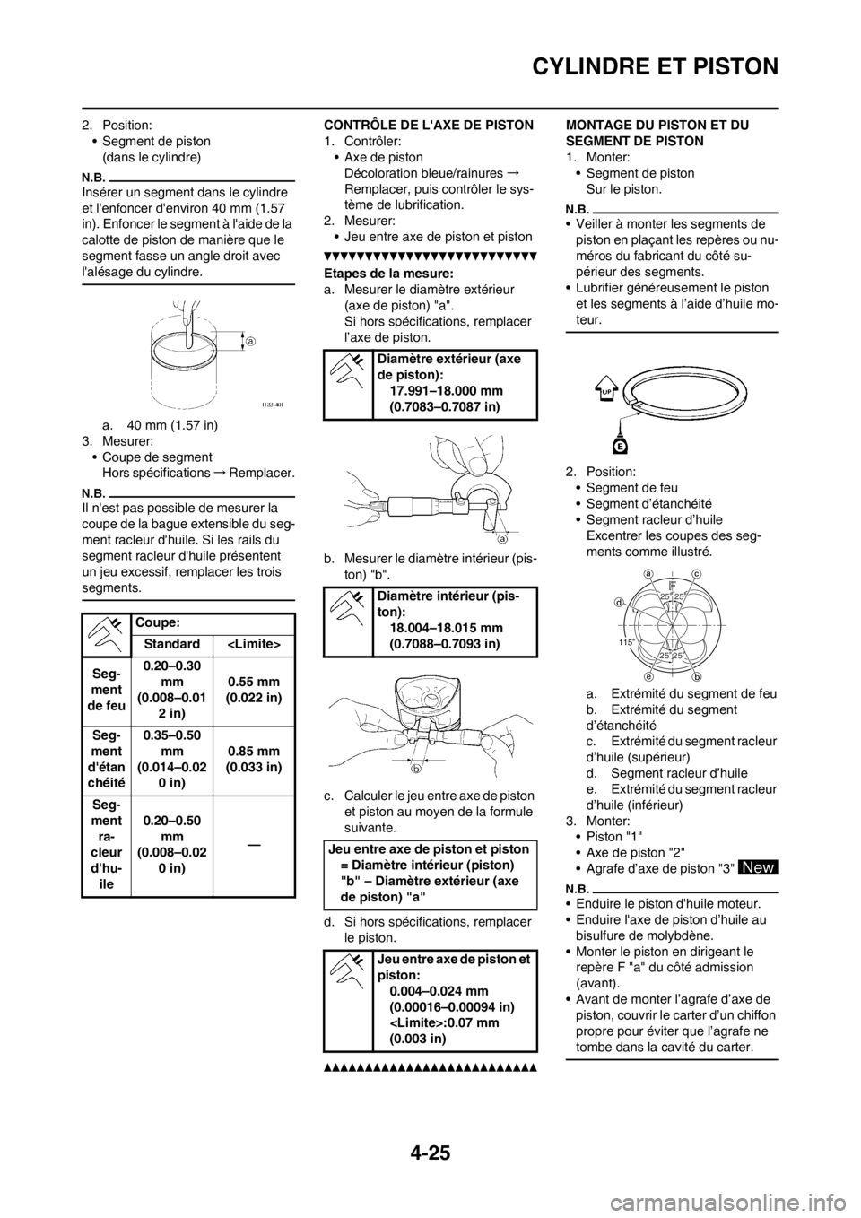 YAMAHA YZ450F 2012 Notices Demploi (in French) 4-25
CYLINDRE ET PISTON
2. Position:
• Segment de piston
(dans le cylindre)
Insérer un segment dans le cylindre
et lenfoncer denviron 40 mm (1.57
in). Enfoncer le segment à laide de la
calot YAMAHA YZ450F 2012 Notices Demploi (in French) 4-25
CYLINDRE ET PISTON
2. Position:
• Segment de piston
(dans le cylindre)
Insérer un segment dans le cylindre
et lenfoncer denviron 40 mm (1.57
in). Enfoncer le segment à laide de la
calot