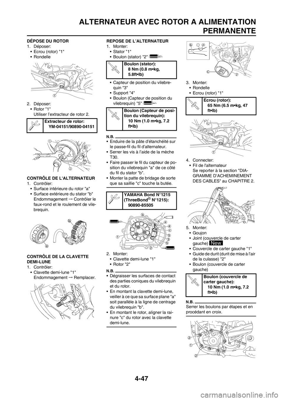 YAMAHA YZ450F 2012 Notices Demploi (in French) 4-47
ALTERNATEUR AVEC ROTOR A ALIMENTATION
PERMANENTE
DÉPOSE DU ROTOR
1. Déposer:
• Ecrou (rotor) "1"
• Rondelle
2. Déposer:
• Rotor "1"
Utiliser l’extracteur de rotor 2.
CONTRÔLE DE LALT YAMAHA YZ450F 2012 Notices Demploi (in French) 4-47
ALTERNATEUR AVEC ROTOR A ALIMENTATION
PERMANENTE
DÉPOSE DU ROTOR
1. Déposer:
• Ecrou (rotor) "1"
• Rondelle
2. Déposer:
• Rotor "1"
Utiliser l’extracteur de rotor 2.
CONTRÔLE DE LALT