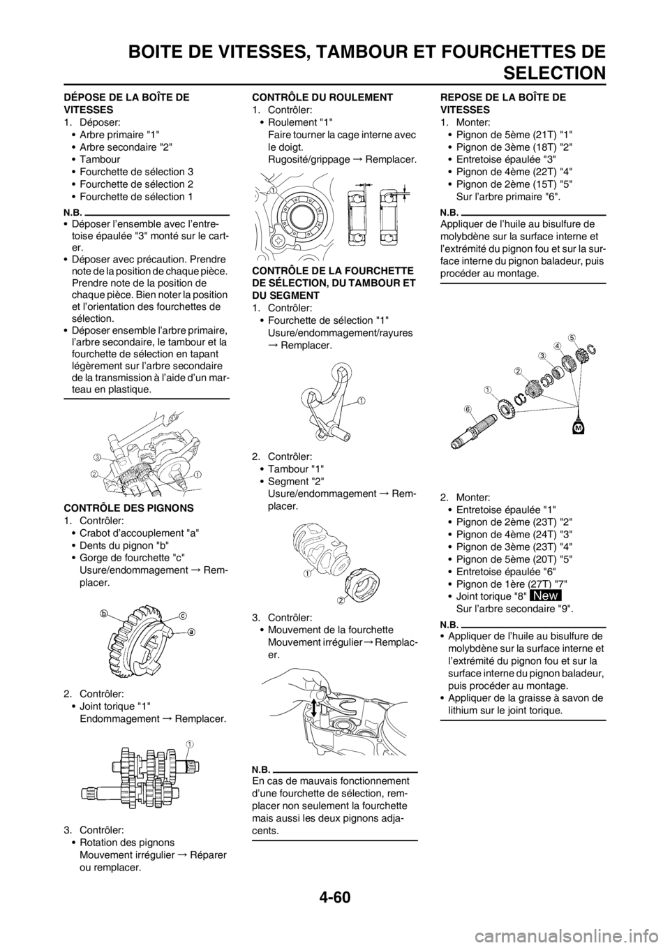 YAMAHA YZ450F 2012 Notices Demploi (in French) 4-60
BOITE DE VITESSES, TAMBOUR ET FOURCHETTES DE
SELECTION
DÉPOSE DE LA BOÎTE DE
VITESSES
1. Déposer:
• Arbre primaire "1"
• Arbre secondaire "2"
• Tambour
• Fourchette de sélection 3
†YAMAHA YZ450F 2012 Notices Demploi (in French) 4-60
BOITE DE VITESSES, TAMBOUR ET FOURCHETTES DE
SELECTION
DÉPOSE DE LA BOÎTE DE
VITESSES
1. Déposer:
• Arbre primaire "1"
• Arbre secondaire "2"
• Tambour
• Fourchette de sélection 3
â€
