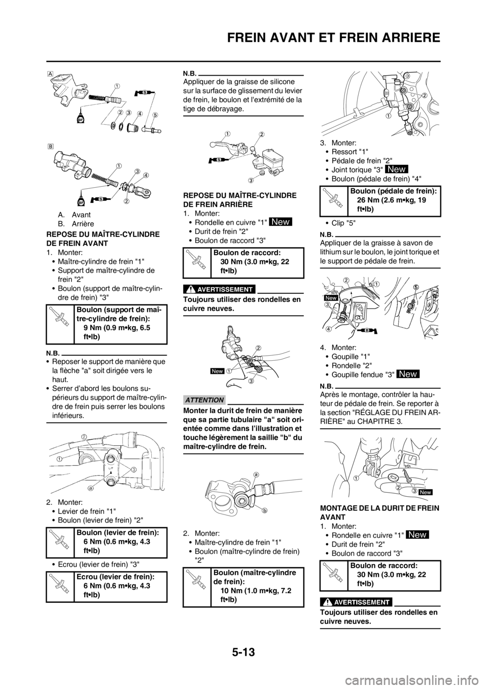 YAMAHA YZ450F 2012 Notices Demploi (in French) 5-13
FREIN AVANT ET FREIN ARRIERE
A. Avant
B. Arrière
REPOSE DU MAÎTRE-CYLINDRE
DE FREIN AVANT
1. Monter:
• Maître-cylindre de frein "1"
• Support de maître-cylindre de
frein "2"
• Boulon YAMAHA YZ450F 2012 Notices Demploi (in French) 5-13
FREIN AVANT ET FREIN ARRIERE
A. Avant
B. Arrière
REPOSE DU MAÎTRE-CYLINDRE
DE FREIN AVANT
1. Monter:
• Maître-cylindre de frein "1"
• Support de maître-cylindre de
frein "2"
• Boulon