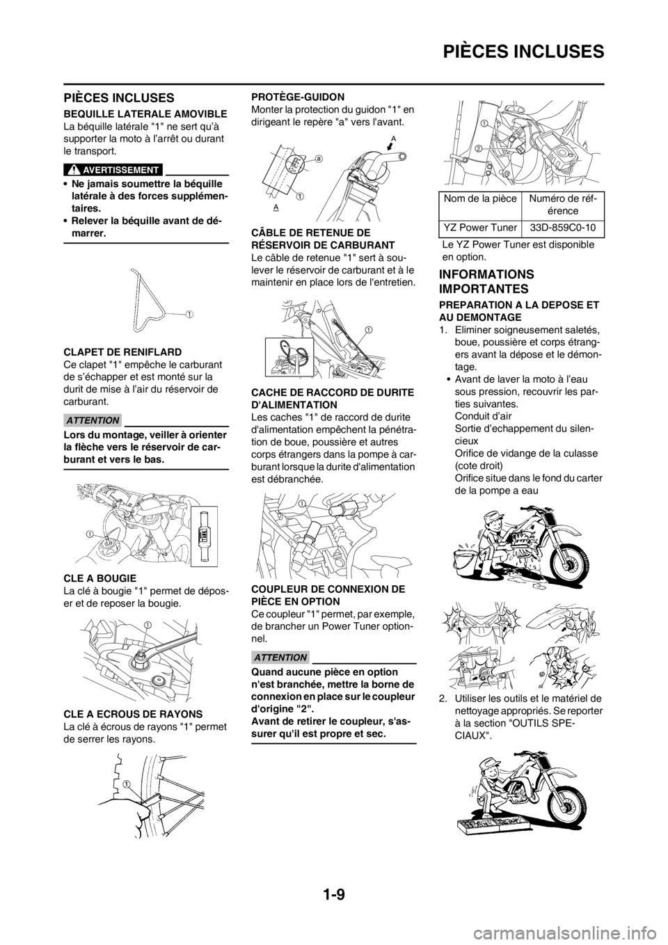 YAMAHA YZ450F 2012 Notices Demploi (in French) 1-9
PIÈCES INCLUSES
PIÈCES INCLUSES
BEQUILLE LATERALE AMOVIBLE
La béquille latérale "1" ne sert qu’Ã
supporter la moto à l’arrêt ou durant
le transport.
• Ne jamais soumettre la béquil YAMAHA YZ450F 2012 Notices Demploi (in French) 1-9
PIÈCES INCLUSES
PIÈCES INCLUSES
BEQUILLE LATERALE AMOVIBLE
La béquille latérale "1" ne sert qu’Ã
supporter la moto à l’arrêt ou durant
le transport.
• Ne jamais soumettre la béquil