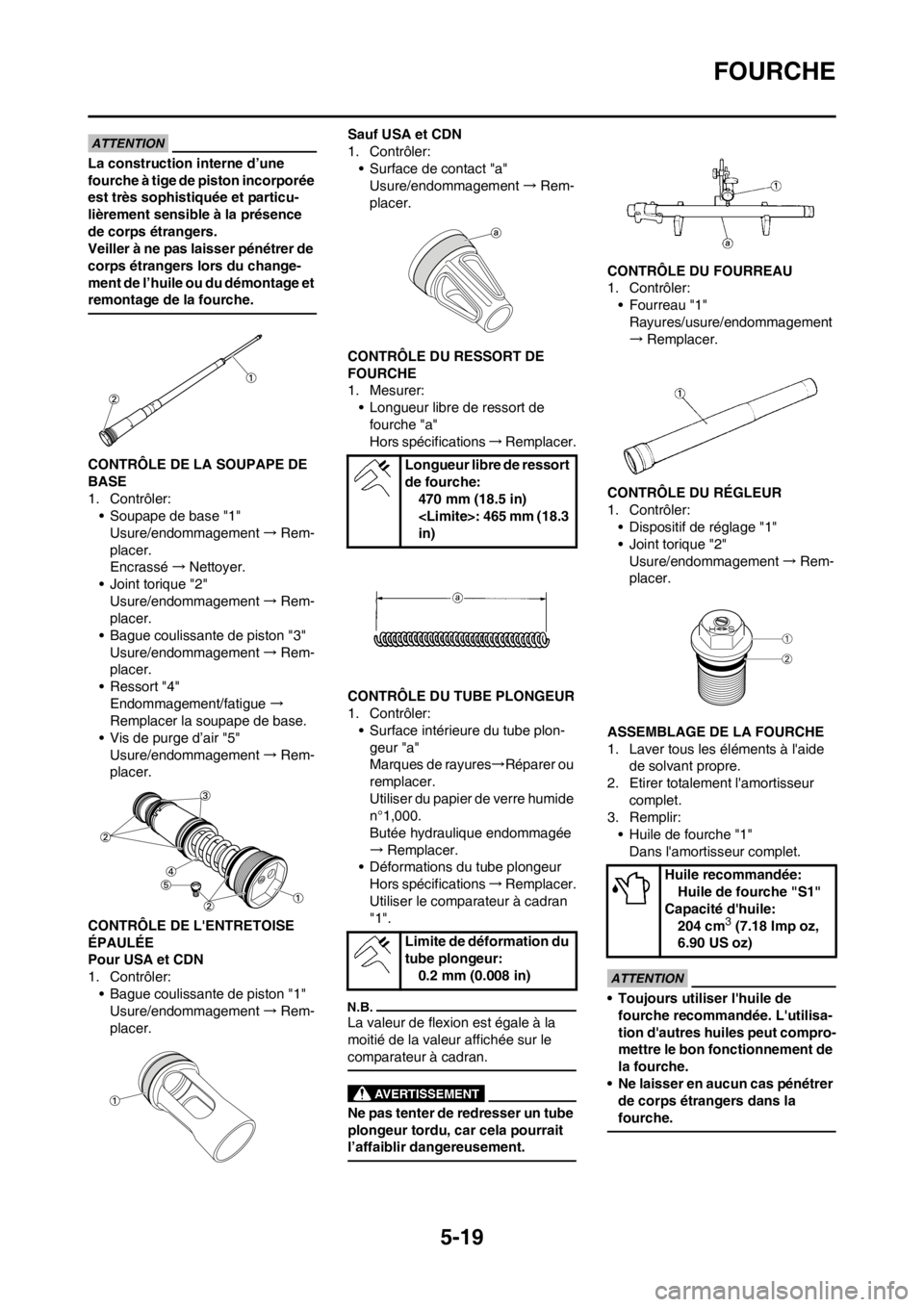 YAMAHA YZ450F 2012 Notices Demploi (in French) 5-19
FOURCHE
La construction interne d’une
fourche à tige de piston incorporée
est très sophistiquée et particu-
lièrement sensible à la présence
de corps étrangers.
Veiller à ne pas lai YAMAHA YZ450F 2012 Notices Demploi (in French) 5-19
FOURCHE
La construction interne d’une
fourche à tige de piston incorporée
est très sophistiquée et particu-
lièrement sensible à la présence
de corps étrangers.
Veiller à ne pas lai