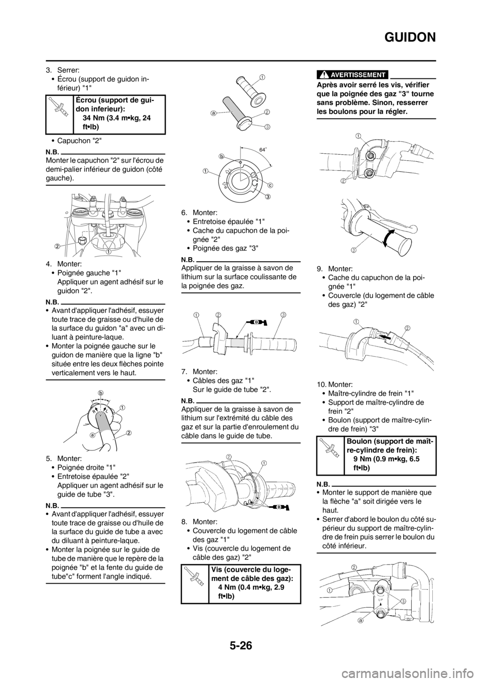 YAMAHA YZ450F 2012 Notices Demploi (in French) 5-26
GUIDON
3. Serrer:
• Écrou (support de guidon in-
férieur) "1"
• Capuchon "2"
Monter le capuchon "2" sur lécrou de
demi-palier inférieur de guidon (côté
gauche).
4. Monter:
• Poignà YAMAHA YZ450F 2012 Notices Demploi (in French) 5-26
GUIDON
3. Serrer:
• Écrou (support de guidon in-
férieur) "1"
• Capuchon "2"
Monter le capuchon "2" sur lécrou de
demi-palier inférieur de guidon (côté
gauche).
4. Monter:
• PoignÃ