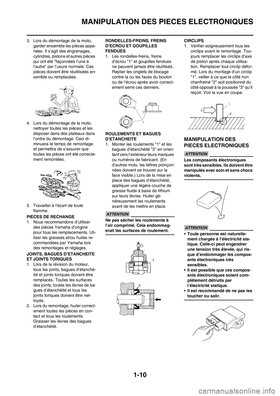 YAMAHA YZ450F 2012 Notices Demploi (in French) 1-10
MANIPULATION DES PIECES ELECTRONIQUES
3. Lors du démontage de la moto,
garder ensemble les pièces appa-
riées. Il s’agit des engrenages,
cylindres, pistons et autres pièces
qui ont été YAMAHA YZ450F 2012 Notices Demploi (in French) 1-10
MANIPULATION DES PIECES ELECTRONIQUES
3. Lors du démontage de la moto,
garder ensemble les pièces appa-
riées. Il s’agit des engrenages,
cylindres, pistons et autres pièces
qui ont été