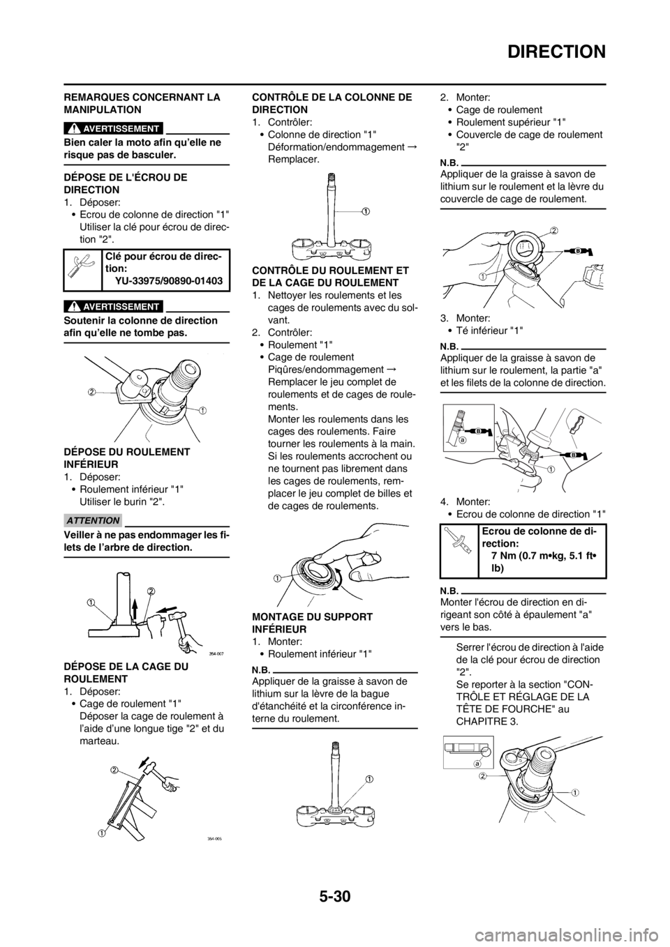 YAMAHA YZ450F 2012 Notices Demploi (in French) 5-30
DIRECTION
REMARQUES CONCERNANT LA
MANIPULATION
Bien caler la moto afin qu’elle ne
risque pas de basculer.
DÉPOSE DE LÉCROU DE
DIRECTION
1. Déposer:
• Ecrou de colonne de direction "1"
YAMAHA YZ450F 2012 Notices Demploi (in French) 5-30
DIRECTION
REMARQUES CONCERNANT LA
MANIPULATION
Bien caler la moto afin qu’elle ne
risque pas de basculer.
DÉPOSE DE LÉCROU DE
DIRECTION
1. Déposer:
• Ecrou de colonne de direction "1"