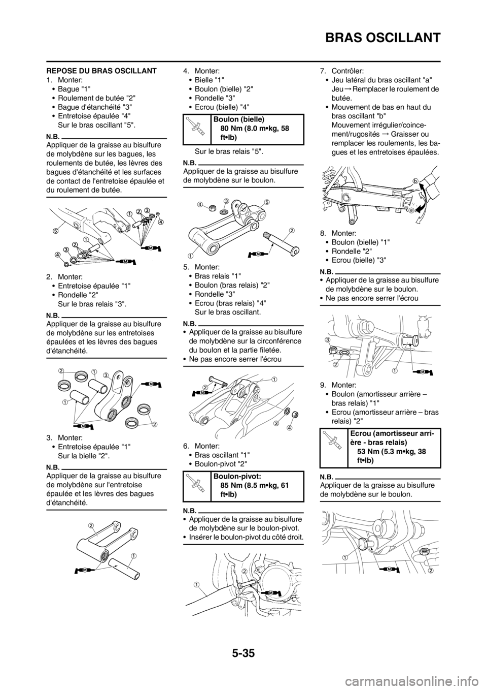 YAMAHA YZ450F 2012 Notices Demploi (in French) 5-35
BRAS OSCILLANT
REPOSE DU BRAS OSCILLANT
1. Monter:
• Bague "1"
• Roulement de butée "2"
• Bague détanchéité "3"
• Entretoise épaulée "4"
Sur le bras oscillant "5".
Appliquer de la YAMAHA YZ450F 2012 Notices Demploi (in French) 5-35
BRAS OSCILLANT
REPOSE DU BRAS OSCILLANT
1. Monter:
• Bague "1"
• Roulement de butée "2"
• Bague détanchéité "3"
• Entretoise épaulée "4"
Sur le bras oscillant "5".
Appliquer de la