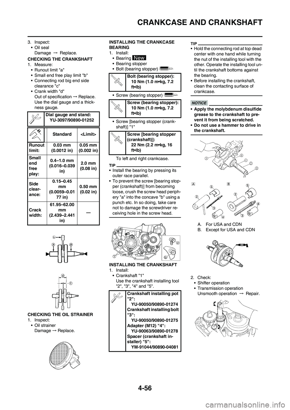 YAMAHA YZ450F 2011  Owners Manual 4-56
CRANKCASE AND CRANKSHAFT
3. Inspect:
• Oil seal
Damage → Replace.
CHECKING THE CRANKSHAFT
1. Measure:
• Runout limit "a"
• Small end free play limit "b"
• Connecting rod big end side 
c