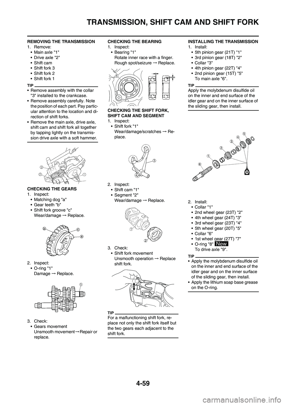YAMAHA YZ450F 2011  Owners Manual 4-59
TRANSMISSION, SHIFT CAM AND SHIFT FORK
REMOVING THE TRANSMISSION
1. Remove:
• Main axle "1"
• Drive axle "2"
• Shift cam
• Shift fork 3
• Shift fork 2
• Shift fork 1
• Remove assemb