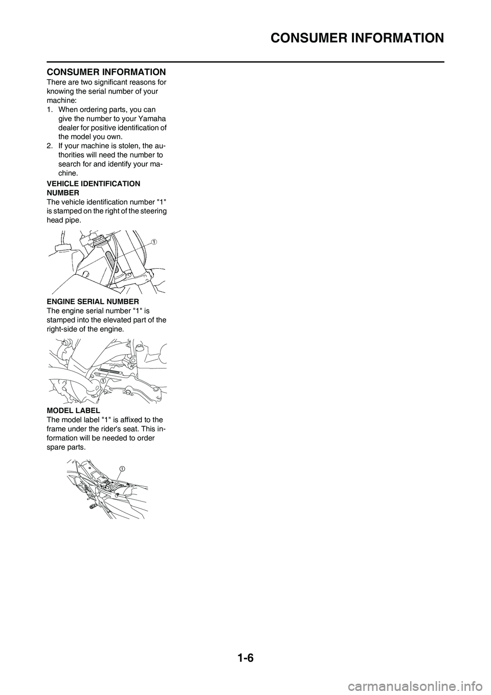 YAMAHA YZ450F 2011 User Guide 1-6
CONSUMER INFORMATION
CONSUMER INFORMATION
There are two significant reasons for
knowing the serial number of your
machine:
1. When ordering parts, you can
give the number to your Yamaha
dealer YAMAHA YZ450F 2011 User Guide 1-6
CONSUMER INFORMATION
CONSUMER INFORMATION
There are two significant reasons for
knowing the serial number of your
machine:
1. When ordering parts, you can
give the number to your Yamaha
dealer