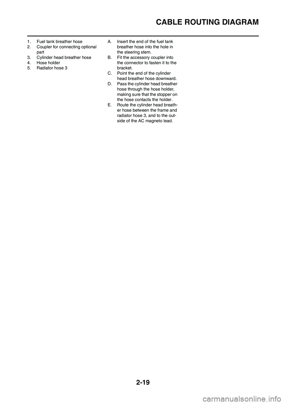 YAMAHA YZ450F 2011 Service Manual 2-19
CABLE ROUTING DIAGRAM
1. Fuel tank breather hose
2. Coupler for connecting optional
part
3. Cylinder head breather hose
4. Hose holder
5. Radiator hose 3A. Insert the end of the fuel tank
breat YAMAHA YZ450F 2011 Service Manual 2-19
CABLE ROUTING DIAGRAM
1. Fuel tank breather hose
2. Coupler for connecting optional
part
3. Cylinder head breather hose
4. Hose holder
5. Radiator hose 3A. Insert the end of the fuel tank
breat