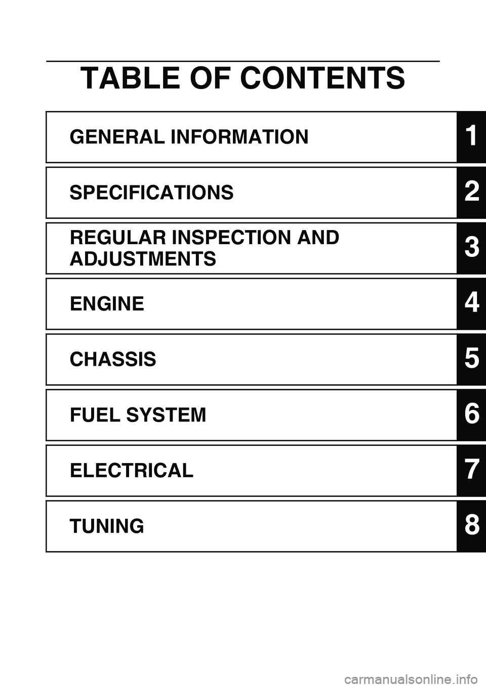 YAMAHA YZ450F 2011  Owners Manual TABLE OF CONTENTS
GENERAL INFORMATION1
SPECIFICATIONS2
REGULAR INSPECTION AND 
ADJUSTMENTS
3
ENGINE4
CHASSIS5
FUEL SYSTEM6
ELECTRICAL7
TUNING8 