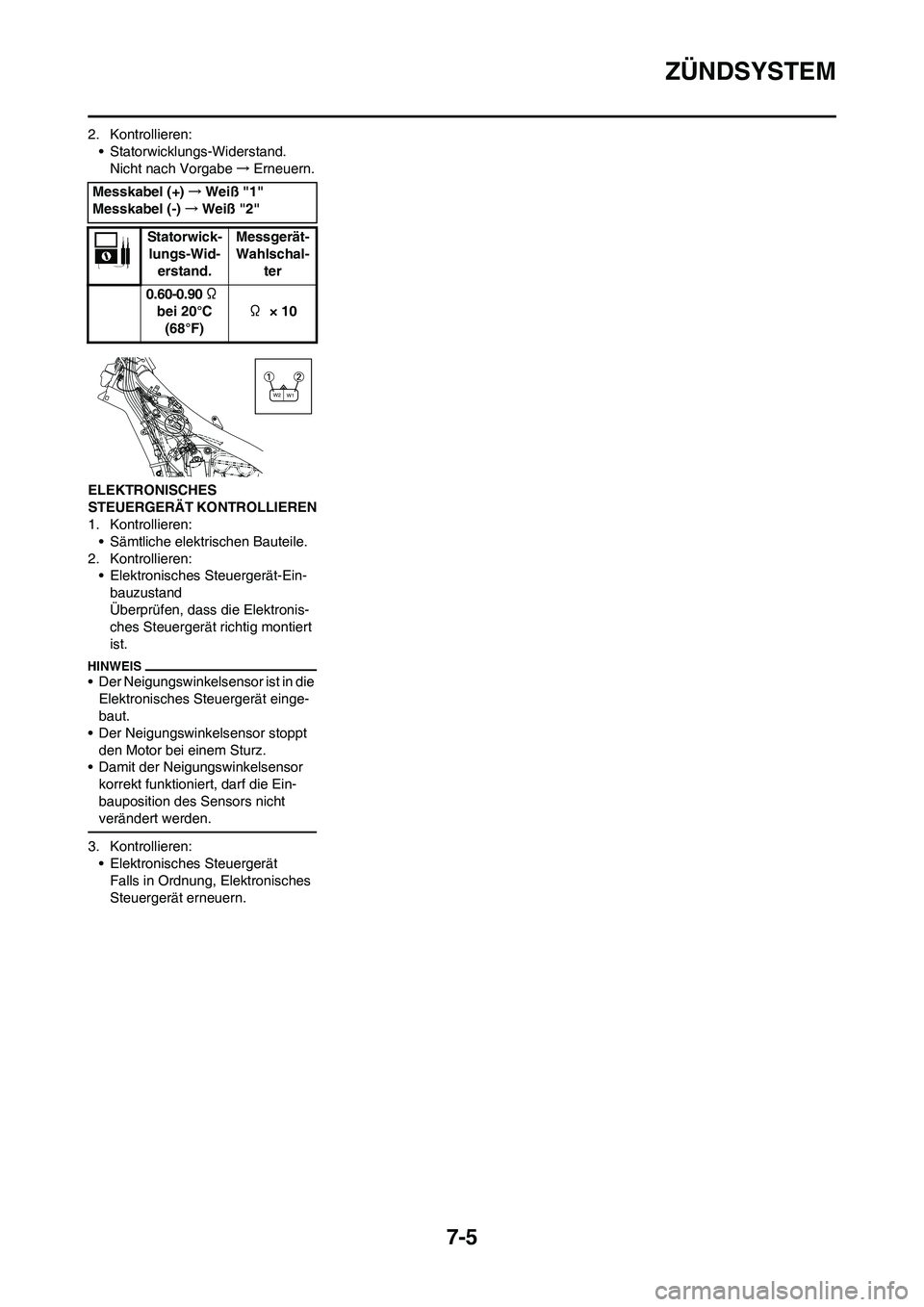 YAMAHA YZ450F 2011 Betriebsanleitungen (in German) 7-5
ZÜNDSYSTEM
2. Kontrollieren:
• Statorwicklungs-Widerstand.
Nicht nach Vorgabe→Erneuern.
ELEKTRONISCHES
STEUERGERÄT KONTROLLIEREN
1. Kontrollieren:
• Sämtliche elektrischen Bauteile.
2. K YAMAHA YZ450F 2011 Betriebsanleitungen (in German) 7-5
ZÜNDSYSTEM
2. Kontrollieren:
• Statorwicklungs-Widerstand.
Nicht nach Vorgabe→Erneuern.
ELEKTRONISCHES
STEUERGERÄT KONTROLLIEREN
1. Kontrollieren:
• Sämtliche elektrischen Bauteile.
2. K
